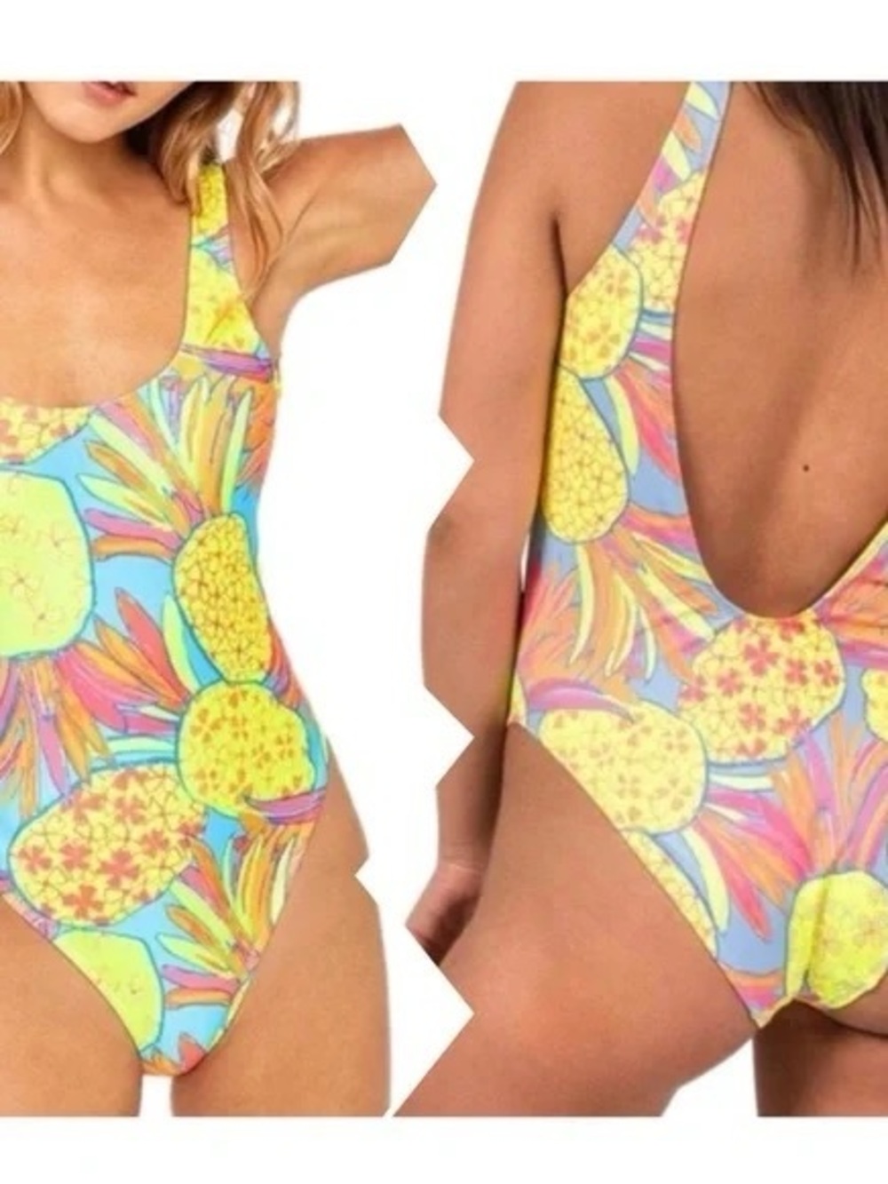 Chubbies One Piece Swim Suit Women’s medium Neon Pink Yellow Pineapple Print
